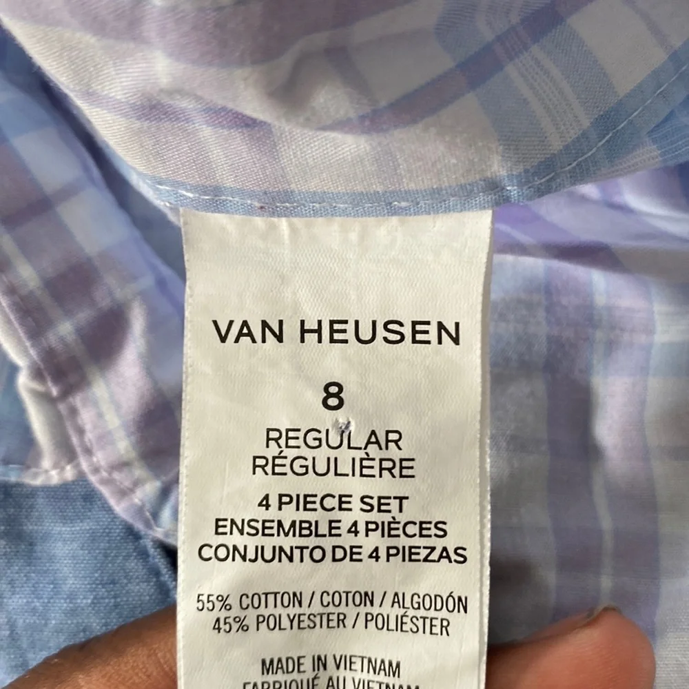 Van Heusen Blue Plaid Shirt Vest Dress Pants 3 Piece Suit Set SIZE 8